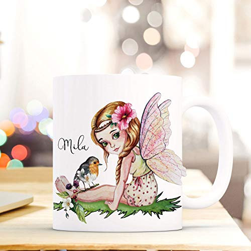 ilka parey wandtattoo-welt Tasse Becher mit Fee Elfe & Vogel Geschenk mit Feenmotiv Kaffeetasse Elfentasse mit Namen Wunschnamen Kaffeebecher ts797