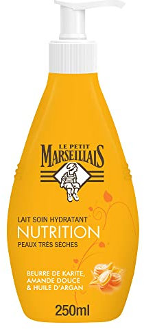 Le Petit Marseillais | Lait Soin Hydratant Nutrition Peaux Très Sèches (flacon-pompe de 250 ml) – Lait corps au beurre de karité, amande douce et huile d'argan – 24 h de confort cutané