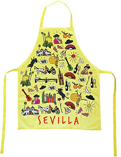 TBOC Delantal de Cocina [Amarillo] - 100% Algodón Souvenir con Motivos Típicos de Sevilla Andalucía España con Flamenca Torero Abanico Giralda Unisex para Hombres Mujeres