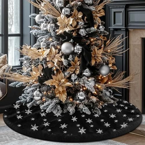 yuboo Schwarzer Gothic-Weihnachtsbaumrock, 121,9 cm, flauschiger Fell-Baumteppich mit silbernen Pailletten, Schneeflocken für schwarz-silberne Weihnachtsdekoration und Ornamente