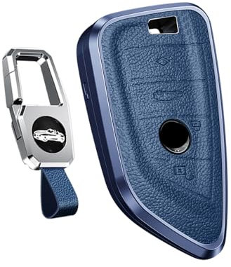 HIBEYO Smart Autoschlüssel Hülle Geeignet für BMW,Schlüsselhülle Cover für 1er 2er 3er 4er 5er 6er 7er X1 X2 X3 X4 X5 X5M X6 X6M GT M5 Schlüsselgehäuse Schlüsselanhänger Schlüsselbox Leder (Blau)