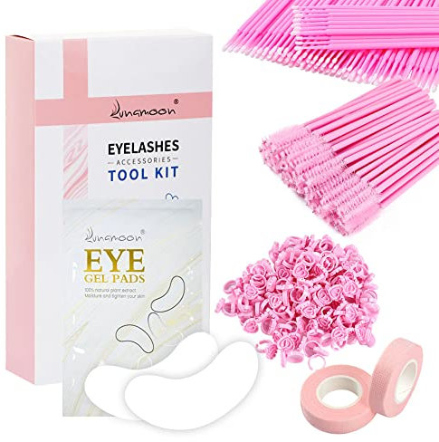 Lunamoon 50 Augenpads für Wimpernverlängerung Wimpern Pads+100 Mikrobürsten+100 Wimpernkleberring +50 Wimpern Buerste+2 Wimpern Band Wimpern Zubehör Set für Wimpernverlängerung (PINK)