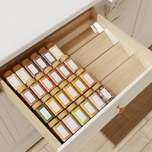Jadehom Spice Drawer Organizer, 4Tier Clear Acrylic Expandable From 13 to 26 Seasoning Jars Drawer Insert, Kitchen Drawer Spice Rack Tray for Cabinet/Countertop