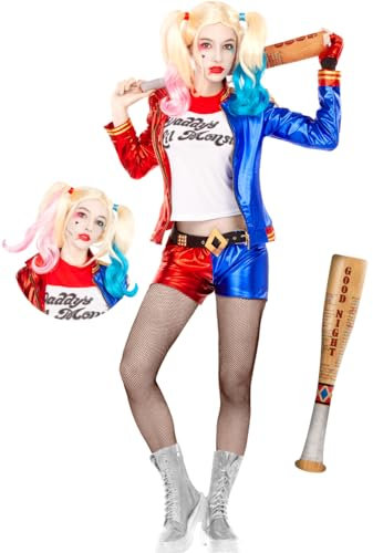 Funidelia Offizielles Harley Quinn Kostüm mit Perücke und aufblasbarem Baseballschläger - Suicide Squad für Damen, DC Comics - Outfit für Erwachsene für Partys, Karneval und Halloween - Größe XS
