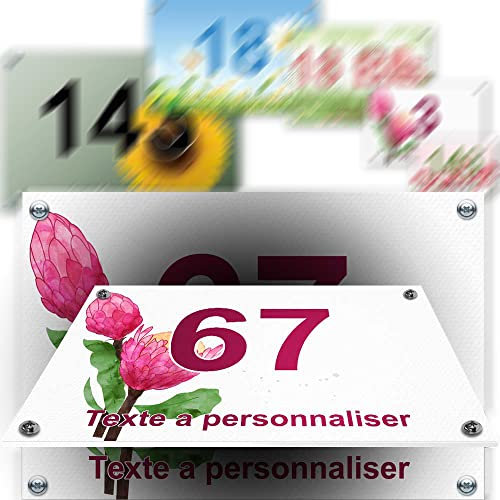 Petite plaque PVC numéro maison décorative - pour porte et boite aux lettres - collection fleur : 2 lignes personnalisables