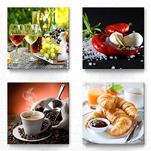 Moderne Deko Bilder für die Küche als Leinwandbilder im 4er Set - 40x40cm je Wandbild. Das Motivset-A mit Bildern von Wein, Gewürzen, Kaffe und Essen wird aufhängefertig an Sie versandt.