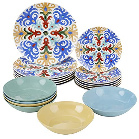 Baroni Home Servi Assiettes 18 Pièces en Porcelaine et Grès, Service d’Assiettes de Table pour 6 Personnes, Plats Colorés de Table, Fantaisie Sorrento