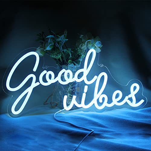 DAKABUKA Good Vibes Leuchtreklamen LED-Nachtlichter für Wanddekoration Blau 5 V USB-betrieben mit dimmbarem Schalter Schlafzimmer Party Restaurant Bar Pub Hotel Freizeitdekoration (16 * 7,5 )