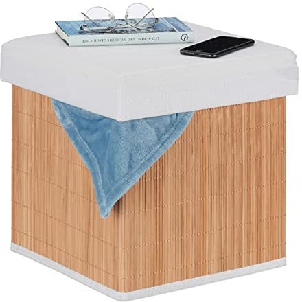 Relaxdays Sitzhocker mit Stauraum, gepolstert, platzsparend faltbar, HBT: 35 x 35 x 35 cm, Bambus Sitzwürfel, natur/weiß