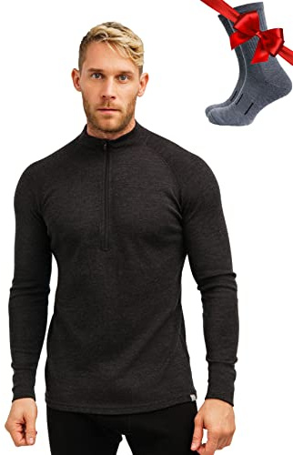 Merino.tech 100% Merinowolle Half Zip Pullover Herren Wandern + Wollsocken | Atmungsaktiv, Kratzfrei, Geruchshemmend Merino Unterwäsche Herren mit Reißverschluss, Baselayer für Ski & Alltag