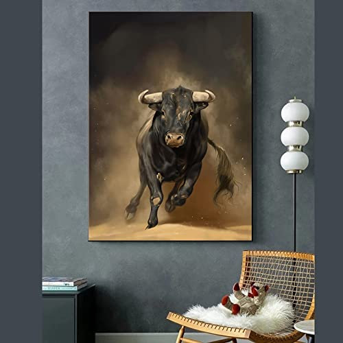 Moderne abstrakte Kunst Stier Leinwand Gemälde Tier Wandkunst Bild für Wohnzimmer Poster und Drucke Wohnkultur 40 x 60 cm (16 x 24 Zoll) mit Rahmen