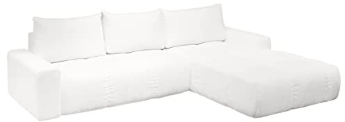 Meubletmoi Ecksofa, rechts, umwandelbar, 4-Sitzer, Stoff, weiß, L 304 cm, mit Fußteil aus Metall, Schwarz – Volt