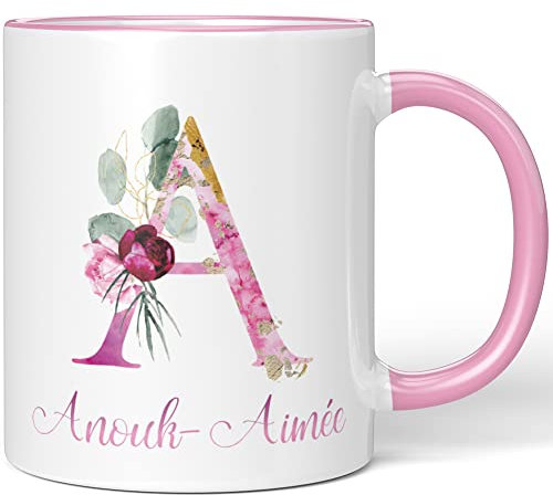 JUNIWORDS Tasse, Anouk-Aimée, Name Anfangsbuchstabe Initial Alphabet Floral Buchstabe A Monogramm Motiv, Rosa (5495812)