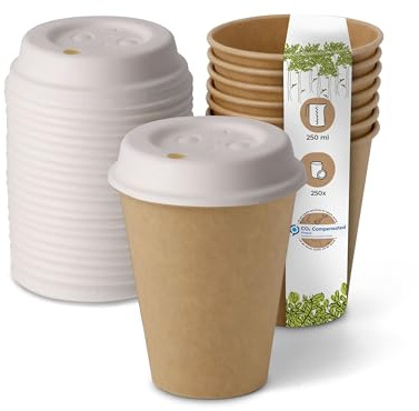 BIOZOYG IOZOYG 250 Stück Kompostierbare Bio Einweg Becher inkl. Pappdeckel I Einmalbecher Getränkebecher I Coffee to go Kaffeebecher Pappbecher braun ungebleicht 250ml 10 oz