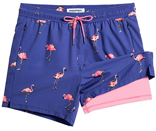 MaaMgic Maillot de Bain pour Hommes avec Compression Short de Bain 2 en 1 | 5.5 Séchage Rapide Short de Natation décontracté Boardshorts avec Pantalon intérieur et Poche,02 Bleu Flamant Rose 5.5,L