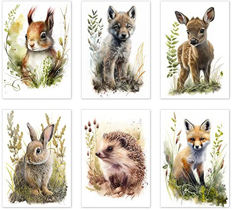 codiarts.® 6er Poster Set - deine Tierfreunde - Kinderzimmer, Baby Babyzimmer Deko, niedliche glückliche Tiere, Digitaldruck von Aquarellbildern, Poster ohne Rahmen (Forrest-01, DIN-A3)