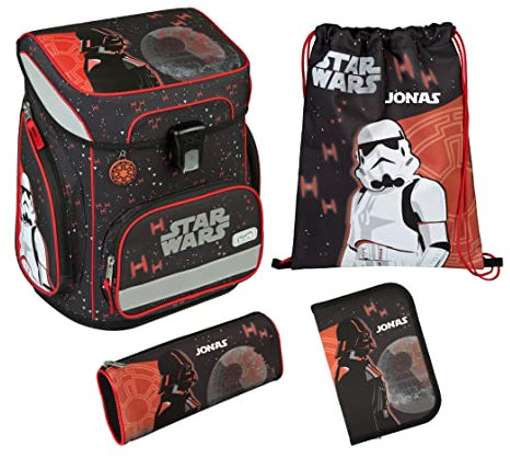 Undercover Schulranzen Set 5-TLG Jungen 1. Klasse Grundschule | Mit personalisiertem Inhalt Turnbeutel Federmappe mit Name | Motiv Star Wars in schwarz