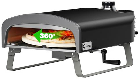 Q Pizza Verbesserter Outdoor-Pizzaofen für Grill, tragbarer Propangas-Pizzaofen mit manuellem drehbarem Stein für Hinterhof-Pizza-Maker, tragbare mobile Outdoor-Küche, Pizzaofen auf der