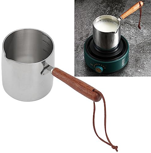 Mini Casserole à Beurre en Acier Inoxydable avec Poignée en Bois pour Dessus de Cuisinière 450ML Beurre café Pot à Lait Petite Casserole