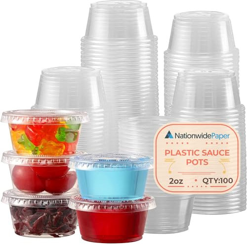 Nationwide Paper 2oz 100pcs Plastic Sauce Pots with Airtight lids Clear Small Pots for Ketchup, Chutney, Dips and Sauces (59ml)
