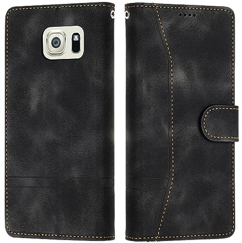 LiLuLa Kompatibel mit Samsung Galaxy S6 Edge Hülle, Handyhülle Samsung S6 Edge, Galaxy S6 Edge Hülle Klappbar Leder Flip Wallet Case Schutzhülle Klapphülle für Samsung S6 Edge Hülle Holster(Schwarz)