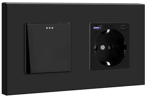 BSEED Lichtschalter mit Steckdose, USB C Steckdose Schnellladung 20W, 1 Fach 1 Weg Taste Schalter mit Schuko Steckdose unterputz, Wandschalter mit USB/TYPE C Steckdose mit PC Rahmen - Schwarz