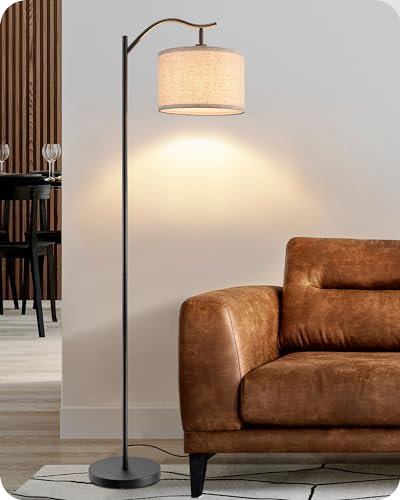 EDISHINE Lampadaire sur Pied Salon, Lampe à Arc Abat-Jour en Lin Réglable, E27 Ampoule(2700K Blanc Chaud) Incluse, Interrupteur au Pied, luminaires intérieur pour Salon, Chambre, Bureau, Hôtel