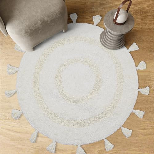 TOPSMCHER Boho-Badteppich, Baumwolle, rund, mit Quasten, handgefertigt, Bohemian-Teppich mit rutschfester Unterlage, 70 cm, Elfenbeinweiß