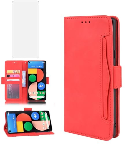 Asuwish Handyhülle für Google Pixel 4a 5G Hülle mit Glas Folie Schutzfolie Kartenfach Klappbar Leder Geldbörse Ständer Handyhüllen Panzerfolie 4a5G Handy Hüllen Schutzhülle Cover Phone Case Rot