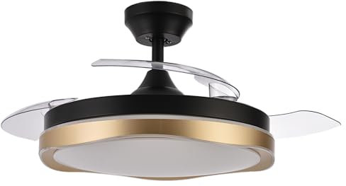 Abrila - Ventilador DC BLONDI | Color Blanco/Oro con tres Aspas Desplegables | con 6 Velocidades Ajustables | con 3 Temperaturas de Luz | Mando a Distancia Incluido