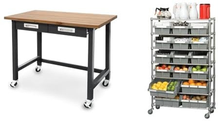 Seville Classics UltraGraphit Professionelle Schwerlast Buchen Arbeitsplatte & Professionelles Regalsystem mit 7 Böden und 16 Behältern