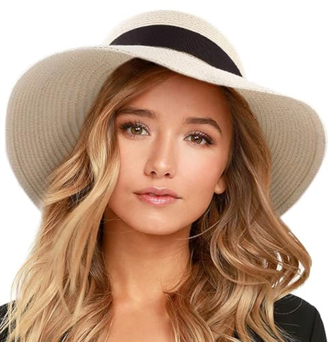 FURTALK Womens Beach Sun Straw Hat Floppy UPF80+ Travel Foldable Brim Summer UV Hat, Pure Beige+Black Ribbon, M-L