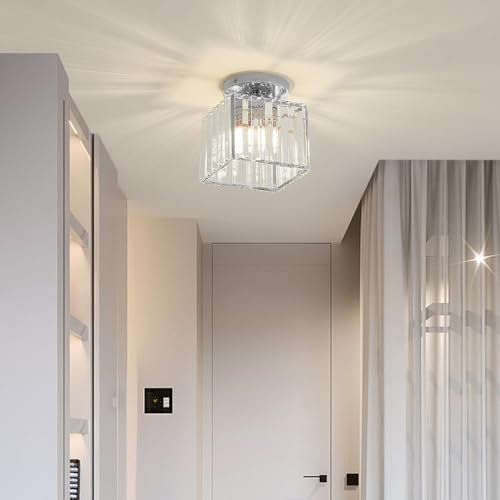 Sxtiger Lámpara De Techo De Cristal Moderna, Mini Lámpara De Techo De Cristal Plateado E27, Araña De Cristal Cuadrada, Para Pasillo Sala De Estar Dormitorio Cocina Iluminación De Entrada (Plateado)