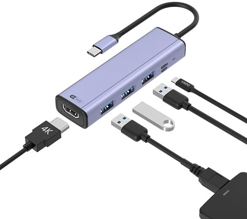 Hub USB C, 5 en 1 Adaptador multipuerto Tipo C con HDMI 4K, 3 USB-A, PD de 100 W, dongle USB-C con Carcasa de Aluminio Compatible con MacBook Pro/Air, iPad Pro, iMac, iPhone 15 Pro/Pro MAX, XPS