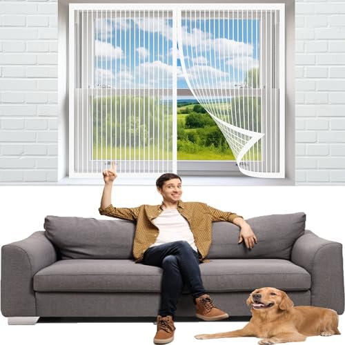 Insektenschutz Magnetfenster 185 x 130 cm Ohne Bohren Insektenschutz Selbstklebendes Fliegengitter Klebmontage Ohne Bohren für Windows/Wohnzimmer Fenstern, Weiß