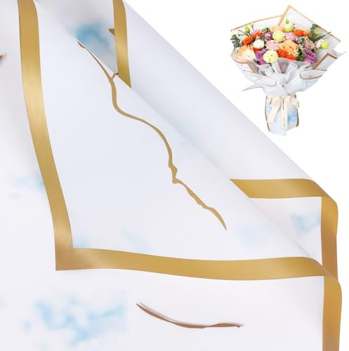 FUHITIM 20 Blatt Blumen-Geschenkpapier, Pom-Phnom Penh Marmor, wasserdichtes Blumenbouquet-Geschenkpapier, Floristenbedarf, Verpackungspapier für Hochzeit, Geburtstag, Geschenk (Marmor Himmelblau)