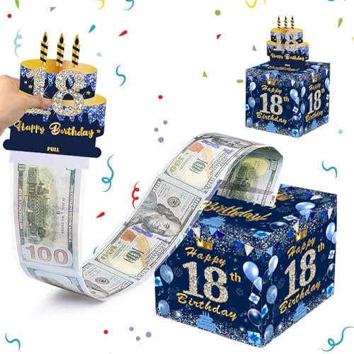 Blaues Gold Geldgeschenke Verpackung mit 3D Pop Up Geburtstag Grußkarten, 18. Geburtstag Geschenkbox Überraschungsbox, DIY Mystery Rätselbox, Geld Geschenkverpackung für Ihre Familie, Kinder, Freunde