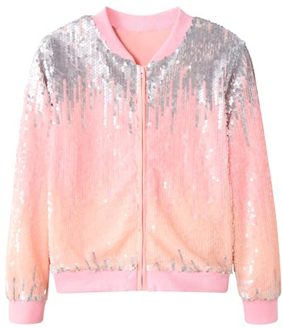 Freshhoodies Kids Sequin Jacket Girls Jackets Pink Grey Gradient Long Sleeve Zip-Up Jackets Casual Baseball Jersey Tinsel Jacket, 10-11 Years