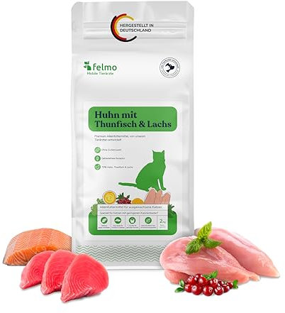 felmo Premium Trockenfutter für Katzen (2 kg) mit Huhn, Thunfisch & Lachs – ohne Zucker- und Getreidezusatz – enthält wichtige Vitamine, Präbiotika & Omega-Fettsäuren – hoher Fleischanteil von 70%