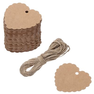 QUARKZMAN 100 Stück Geschenkanhänger Kraftpapier Etiketten Geschenk Anhänger Tags, Wellenförmig Herz Kärtchen mit 10 Meter Jute Schnur für Geschenkverpackung Weihnachten