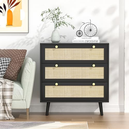 Yvsevnr Kommode mit Schubladen, Kommode Schwarz, Kommode Schlafzimmer mit Viel Stauraum, Rattan Kommode für Wohnzimmer, Schlafzimmer, Jugendzimmer und Büro 80 x 40 x 91 cm