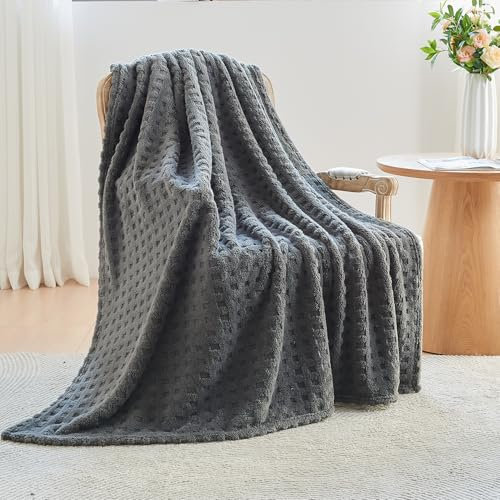 Wajade Fleece Throw Blanket, Fluffy Faux Fur Blanket for Bed Sofa Couch, Soft Warm Thick Blanket,waffle Grey-127X178