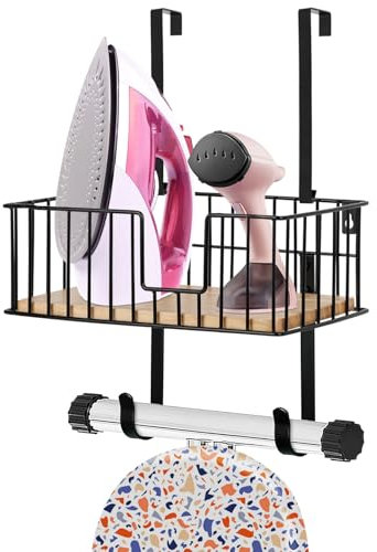 Soporte para Tabla de Planchar, Soporte para Colgar Tabla de Planchar Sobre la Puerta/Pared con Cesta de Almacenamiento, Colgador Tabla Planchar para el Cuarto de Lavado, Sostiene Planchas- Negro