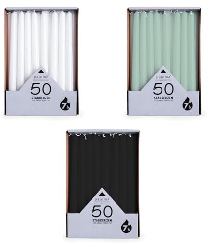 pajoma® Stabkerzen Weiß, Grün, Schwarz 3x 50 Stück | Höhe 25 cm, Brenndauer ca. 7 Stunden | Duftfrei, vielseitig einsetzbar für Kerzenhalter, Deko & festliche Anlässe