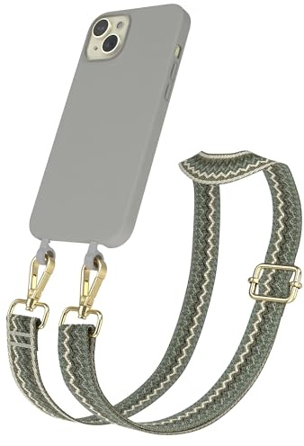 EAZY CASE - Hülle mit Band kompatibel mit iPhone 15 Plus Handyhülle für iPhone 15 Plus Schutzhülle Silikonhülle mit Handykette zum Umhängen 2in1 Hülle Handykordel Wellen - Grün Beige Metall Gold