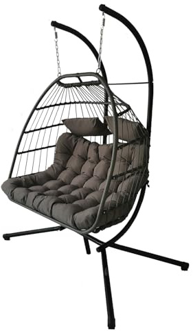 Egg Chair Garden Swing Double Seat Rattan Foldable Hanging Hammock with Cushions Stand UV Resistant Outdoor Indoor Furniture (Dark Grey)
