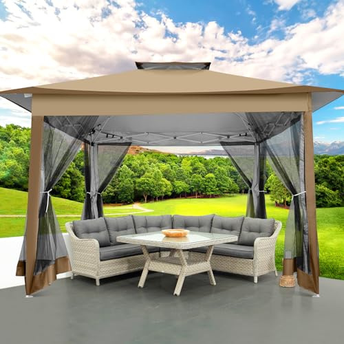 Hoteel 3x3 Pop Up Wasserdicht Stabil Faltpavillon Pop Up Pavillon mit Seitenwänden Moskitonetz, braun