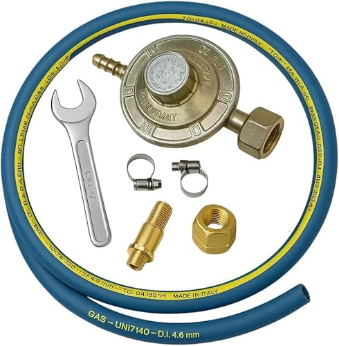 Lemag srl Kit Regolatore Gas GPL 30 mbar – Completo con Tubo da 2m, Fascette, Chiave Gas e Raccordo W20x1/4” – per Uso Domestico e Campeggio (REGOLATORE Gas TARATURA VARIABILE)