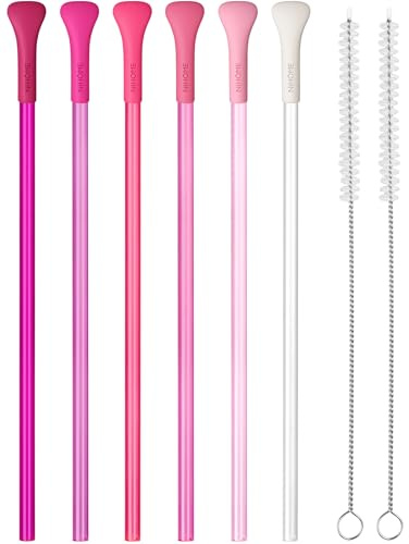 NiHome 6PCS Anti Wrinkle Straws with Silicone Flat Tips, No Wrinkle Straws | Wrinkle Free Plastic Long Straw, Reusable Drinking Straw Fit for Stanley 30oz 40oz Tumbler, 2 Brushes, BPA-free (Pink Series)
