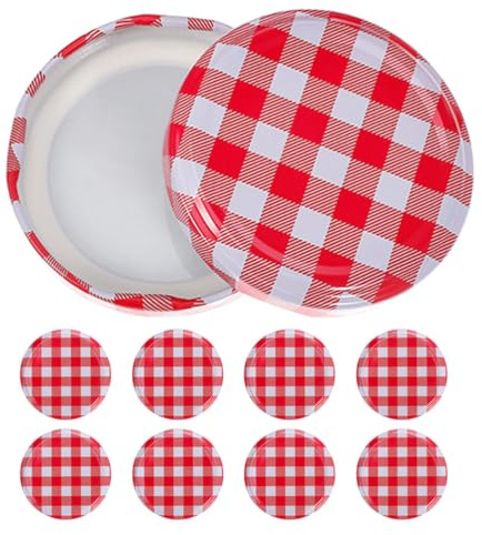 UKCOCO 63mm Jam Jars Lids: 10 Pcs Jar Replacement Lids Regular Metal Mouth Canning Caps with Classic Red And White Plaid Pattern for Kitchen Storage